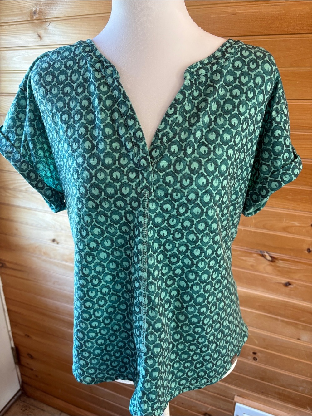 L.L. Bean Teal Geometric Short Sleeve Blouse